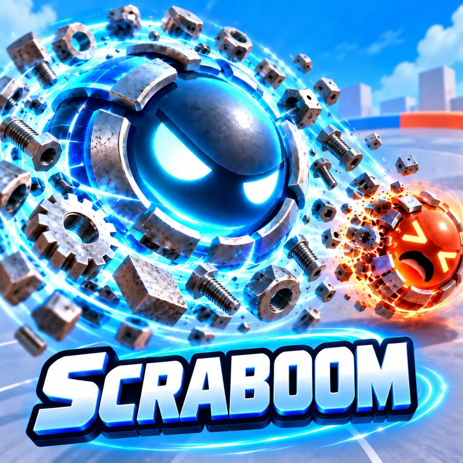 Scraboom magnetic arena with a blue magnet sphere pulling metal scrap